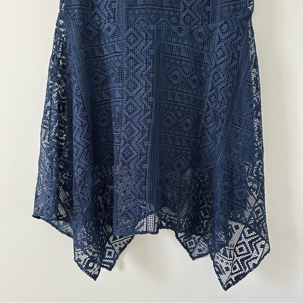 Parker Melissa Navy Blue Geometric Knit Crochet Sleeveless Handkerchief Dress M - Picture 6 of 13